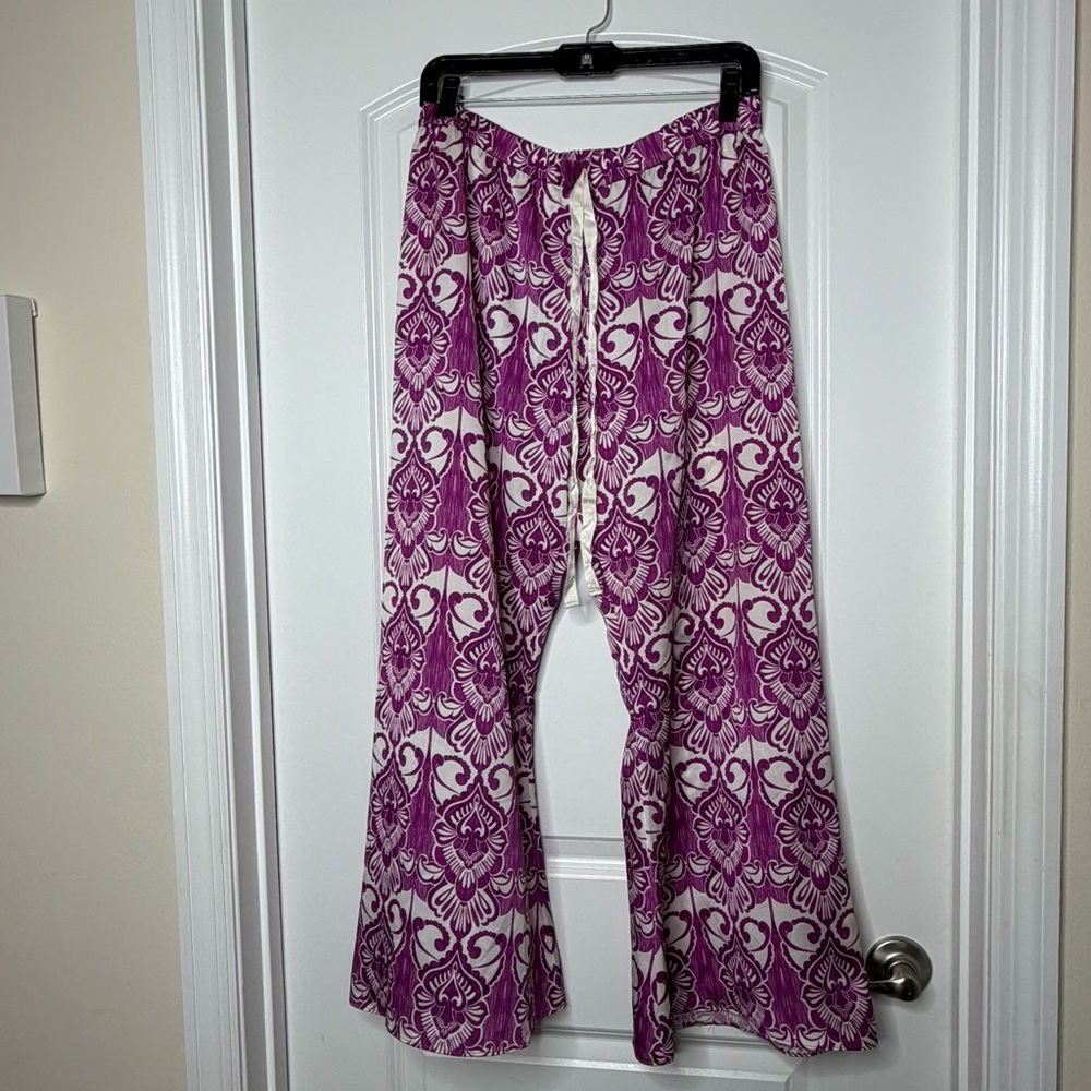 ALEXIS Purple Boho Wide Leg Pants Size L High Waist Drawstring Statement Print - Picture 2 of 10